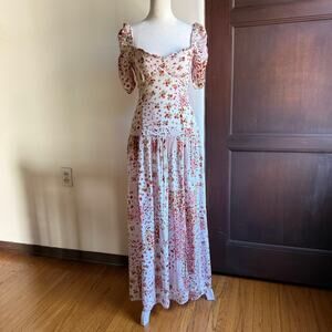 ZARA | White Patchwork Floral Floral Drop Waist Midi Gown Ruched Sleeves | XS